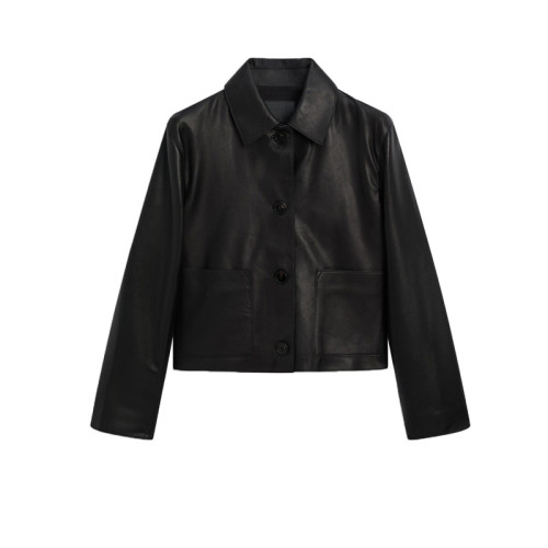 春季新品女高級感優雅氣質法式黑色翻領PU皮衣短外套 4703813 春季新品女高級感優雅氣質法式黑色翻領PU皮衣短外套 4703813