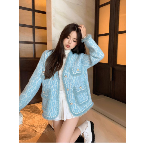 2025秋冬季韓系高級感小香風仿貂毛開衫外套女新款設計感洋氣上衣 2025秋冬季韓系高級感小香風仿貂毛開衫外套女新款設計感洋氣上衣