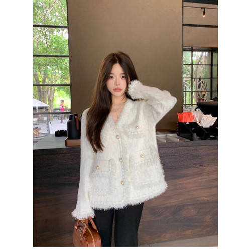 2025秋冬季韓系高級感小香風仿貂毛開衫外套女新款設計感洋氣上衣 2025秋冬季韓系高級感小香風仿貂毛開衫外套女新款設計感洋氣上衣