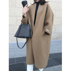 樂天日韓系女裝毛呢外套春秋寬松大碼中長款純色直筒呢子大衣