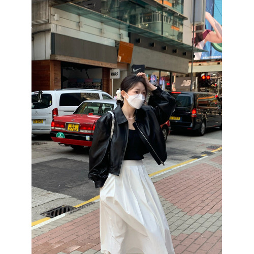 2025春秋新款黑色夾克短款拉鍊美式復古港風小個子爆款皮衣外套女 2025春秋新款黑色夾克短款拉鍊美式復古港風小個子爆款皮衣外套女