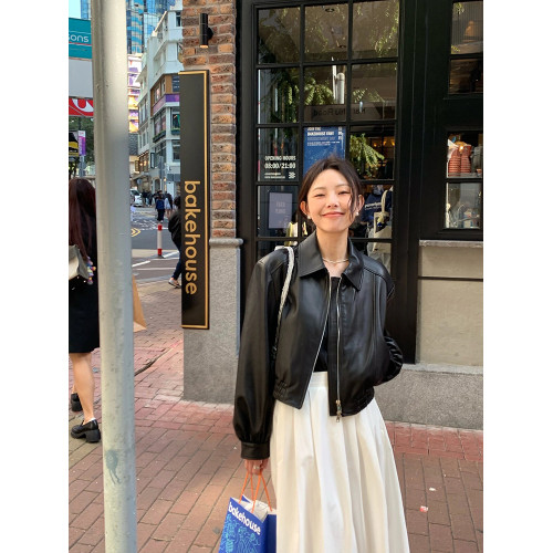 2025春秋新款黑色夾克短款拉鍊美式復古港風小個子爆款皮衣外套女 2025春秋新款黑色夾克短款拉鍊美式復古港風小個子爆款皮衣外套女