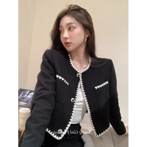 2025春秋新款撞色百搭黑色小香風短外套女名媛高級感小衆簡約上衣 2025春秋新款撞色百搭黑色小香風短外套女名媛高級感小衆簡約上衣