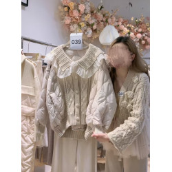 設計感娃娃領羽絨棉服秋冬新款寬松慵懶減齡百搭針織拼接夾棉外套