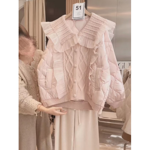 設計感娃娃領羽絨棉服秋冬新款寬松慵懶減齡百搭針織拼接夾棉外套 設計感娃娃領羽絨棉服秋冬新款寬松慵懶減齡百搭針織拼接夾棉外套