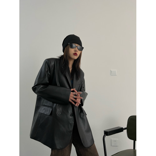 2025年春秋新款網紅時尚港風雙排釦氣質機車pu西裝皮衣夾克外套女 2025年春秋新款網紅時尚港風雙排釦氣質機車pu西裝皮衣夾克外套女