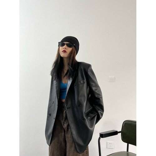 2025年春秋新款網紅時尚港風雙排釦氣質機車pu西裝皮衣夾克外套女 2025年春秋新款網紅時尚港風雙排釦氣質機車pu西裝皮衣夾克外套女