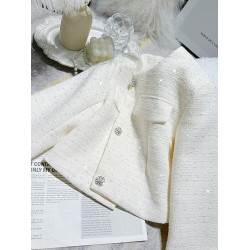 FFmiss◆小香風單排釦羊毛呢氣質短款外套女白色粗花呢小個子開衫