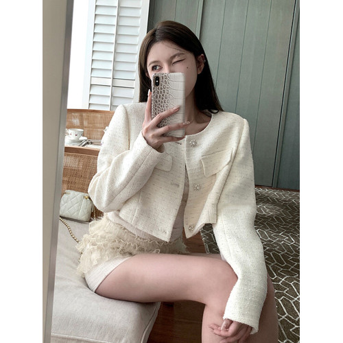 FFmiss◆小香風單排釦羊毛呢氣質短款外套女白色粗花呢小個子開衫 FFmiss◆小香風單排釦羊毛呢氣質短款外套女白色粗花呢小個子開衫