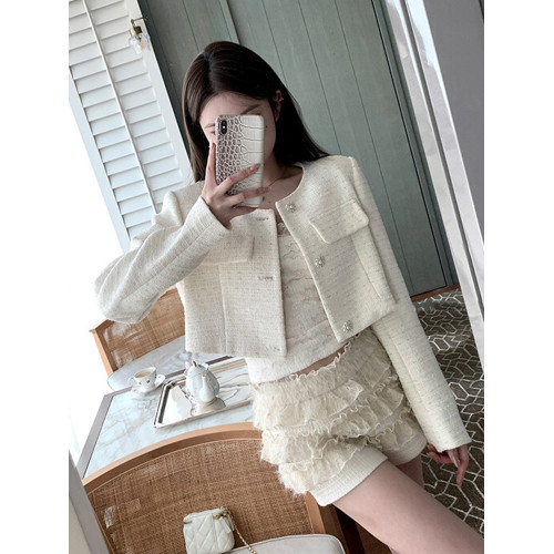 FFmiss◆小香風單排釦羊毛呢氣質短款外套女白色粗花呢小個子開衫 FFmiss◆小香風單排釦羊毛呢氣質短款外套女白色粗花呢小個子開衫