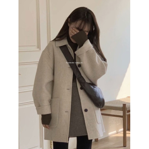 雙面呢毛呢外套女寬松顯瘦燕麥色冬季新款韓版小個子呢子大衣潮