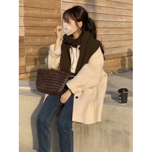 雙面呢毛呢外套女寬松顯瘦燕麥色冬季新款韓版小個子呢子大衣潮