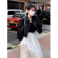 2024秋季新款黑色夾克短款皮衣外套高級感美式復古小個子休閒上衣