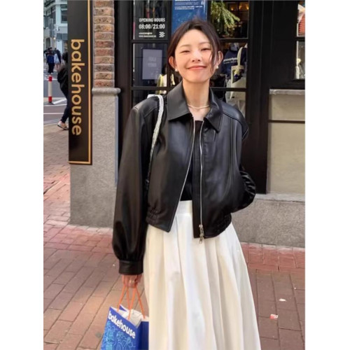 2024秋季新款黑色夾克短款皮衣外套高級感美式復古小個子休閒上衣 2024秋季新款黑色夾克短款皮衣外套高級感美式復古小個子休閒上衣