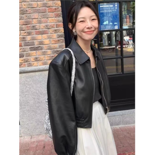 2024秋季新款黑色夾克短款皮衣外套高級感美式復古小個子休閒上衣 2024秋季新款黑色夾克短款皮衣外套高級感美式復古小個子休閒上衣