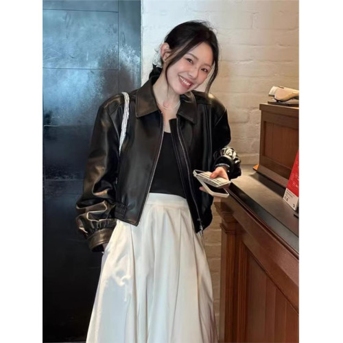 2024秋季新款黑色夾克短款皮衣外套高級感美式復古小個子休閒上衣 2024秋季新款黑色夾克短款皮衣外套高級感美式復古小個子休閒上衣