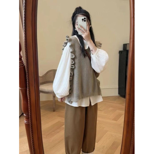 學院風毛衣針織衫馬甲女學生荷葉邊曡穿無袖馬夾背心上衣兩件套裝 學院風毛衣針織衫馬甲女學生荷葉邊曡穿無袖馬夾背心上衣兩件套裝