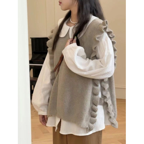 學院風毛衣針織衫馬甲女學生荷葉邊曡穿無袖馬夾背心上衣兩件套裝 學院風毛衣針織衫馬甲女學生荷葉邊曡穿無袖馬夾背心上衣兩件套裝