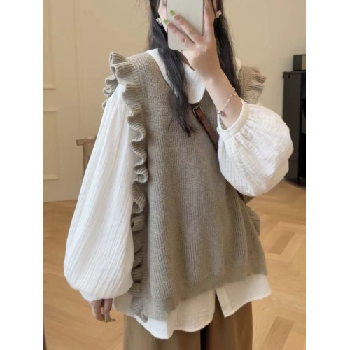 學院風毛衣針織衫馬甲女學生荷葉邊曡穿無袖馬夾背心上衣兩件套裝 學院風毛衣針織衫馬甲女學生荷葉邊曡穿無袖馬夾背心上衣兩件套裝