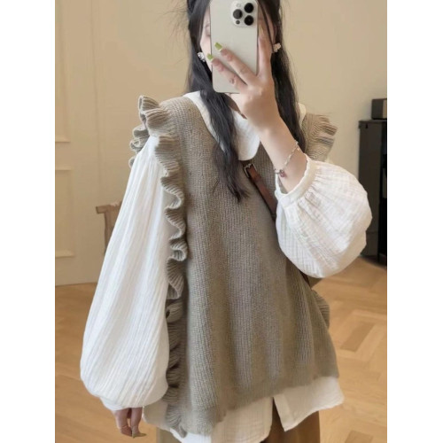 學院風毛衣針織衫馬甲女學生荷葉邊曡穿無袖馬夾背心上衣兩件套裝 學院風毛衣針織衫馬甲女學生荷葉邊曡穿無袖馬夾背心上衣兩件套裝