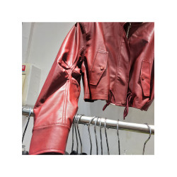 高檔歐洲站復古顯白紅色外套女短款洋氣別致寬松百搭秋季新款皮衣