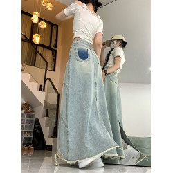 大碼復古破洞牛仔半身裙女春秋高腰寬松顯瘦中長款包臀a字長裙子