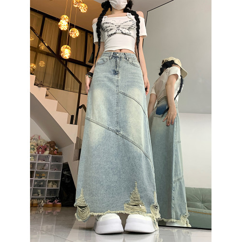 大碼復古破洞牛仔半身裙女春秋高腰寬松顯瘦中長款包臀a字長裙子