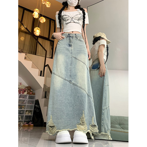 大碼復古破洞牛仔半身裙女春秋高腰寬松顯瘦中長款包臀a字長裙子