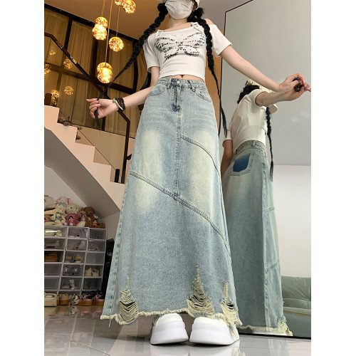 大碼復古破洞牛仔半身裙女春秋高腰寬松顯瘦中長款包臀a字長裙子