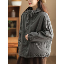 園園美冬季衣復古全棉棉衣外套女寬鬆抽繩擺連帽夾棉棉服保暖棉襖