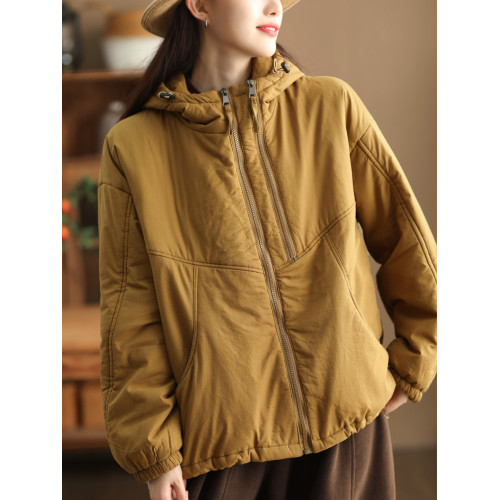 園園美冬季衣復古全棉棉衣外套女寬鬆抽繩擺連帽夾棉棉服保暖棉襖