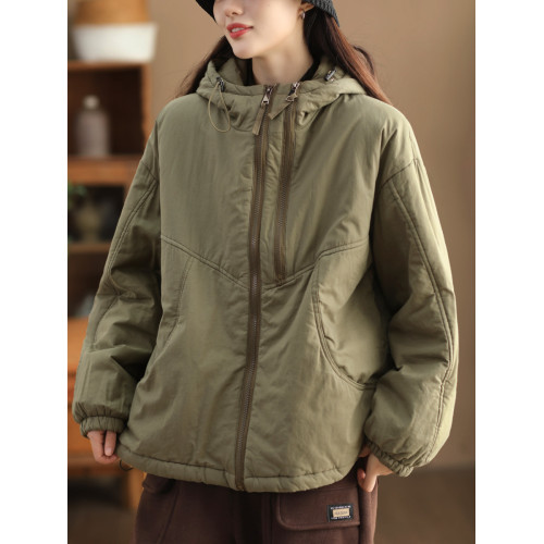 園園美冬季衣復古全棉棉衣外套女寬鬆抽繩擺連帽夾棉棉服保暖棉襖