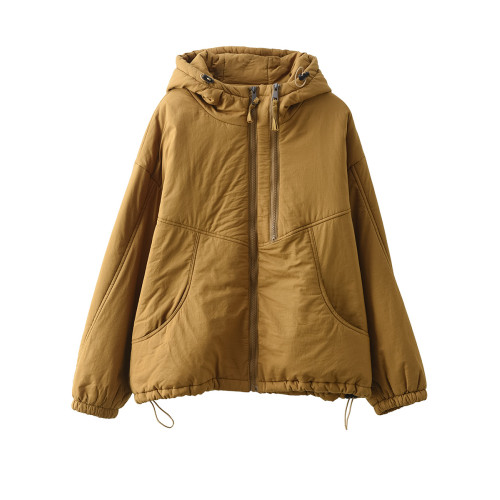 園園美冬季衣復古全棉棉衣外套女寬鬆抽繩擺連帽夾棉棉服保暖棉襖