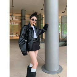 美式復古短款皮衣外套女士寬松小個子設計感機車服秋季新品皮夾克