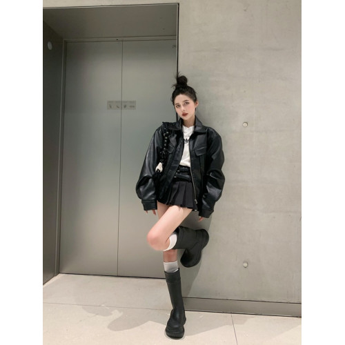 美式復古短款皮衣外套女士寬松小個子設計感機車服秋季新品皮夾克 美式復古短款皮衣外套女士寬松小個子設計感機車服秋季新品皮夾克
