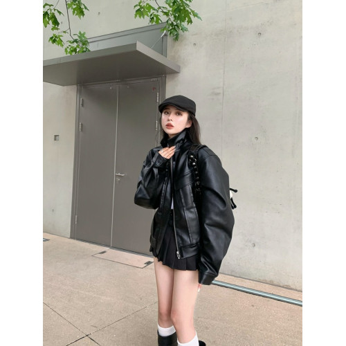 美式復古短款皮衣外套女士寬松小個子設計感機車服秋季新品皮夾克 美式復古短款皮衣外套女士寬松小個子設計感機車服秋季新品皮夾克