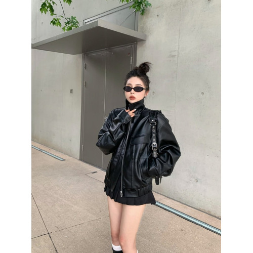 美式復古短款皮衣外套女士寬松小個子設計感機車服秋季新品皮夾克 美式復古短款皮衣外套女士寬松小個子設計感機車服秋季新品皮夾克