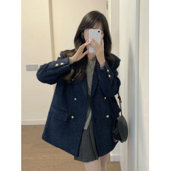 秋冬復古高級感港風藏藍色小個子搭配顯高呢子大衣毛呢外套女短款