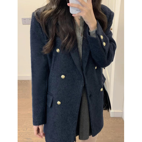 秋冬復古高級感港風藏藍色小個子搭配顯高呢子大衣毛呢外套女短款