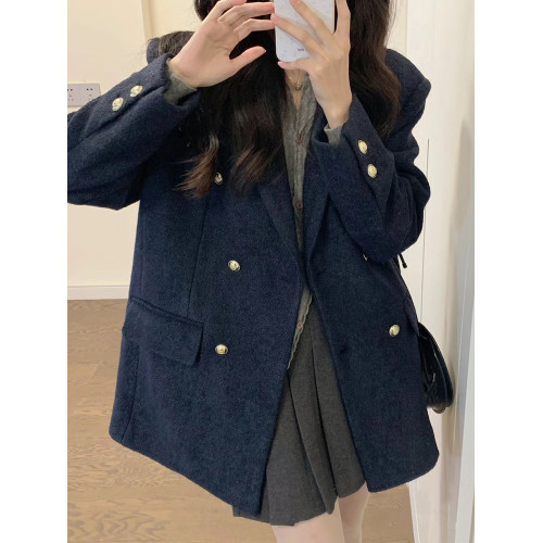 秋冬復古高級感港風藏藍色小個子搭配顯高呢子大衣毛呢外套女短款