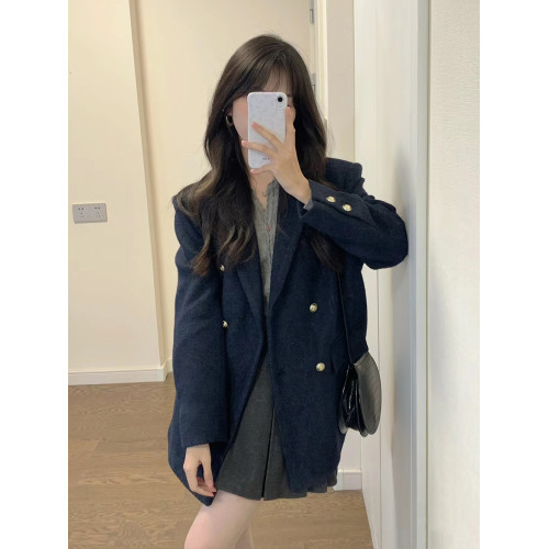 秋冬復古高級感港風藏藍色小個子搭配顯高呢子大衣毛呢外套女短款