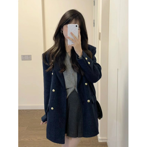 秋冬復古高級感港風藏藍色小個子搭配顯高呢子大衣毛呢外套女短款