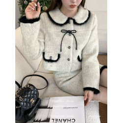 FanyFloss小香風蝴蝶結條紋娃娃領短外套女冬季加棉羊毛呢兩件套