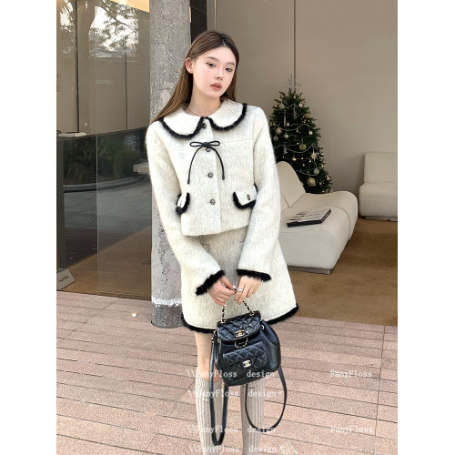 FanyFloss小香風蝴蝶結條紋娃娃領短外套女冬季加棉羊毛呢兩件套