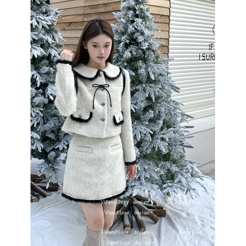 FanyFloss小香風蝴蝶結條紋娃娃領短外套女冬季加棉羊毛呢兩件套