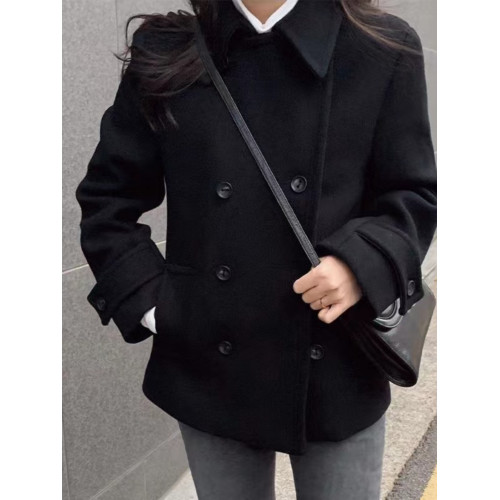 黑色短款小個子加棉毛呢外套女25秋冬學生雙排釦寬松百搭呢子大衣