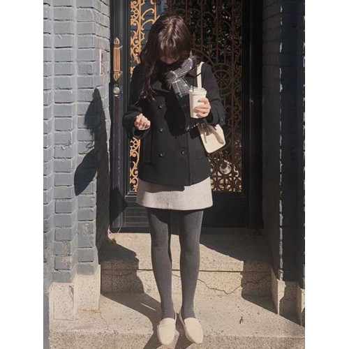 黑色短款小個子加棉毛呢外套女25秋冬學生雙排釦寬松百搭呢子大衣