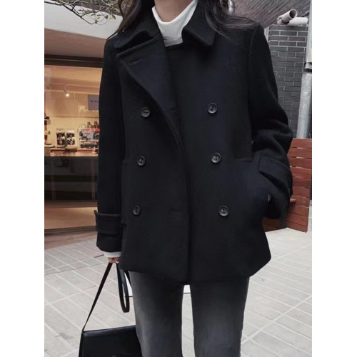 黑色短款小個子加棉毛呢外套女25秋冬學生雙排釦寬松百搭呢子大衣