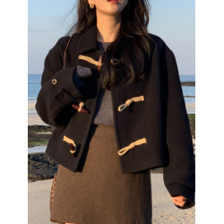 韓系毛呢外套女秋冬新款學院風黑色小個子上衣短款呢子牛角釦大衣