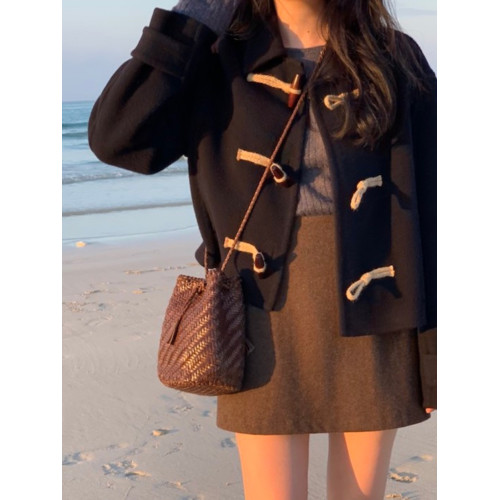 韓系毛呢外套女秋冬新款學院風黑色小個子上衣短款呢子牛角釦大衣